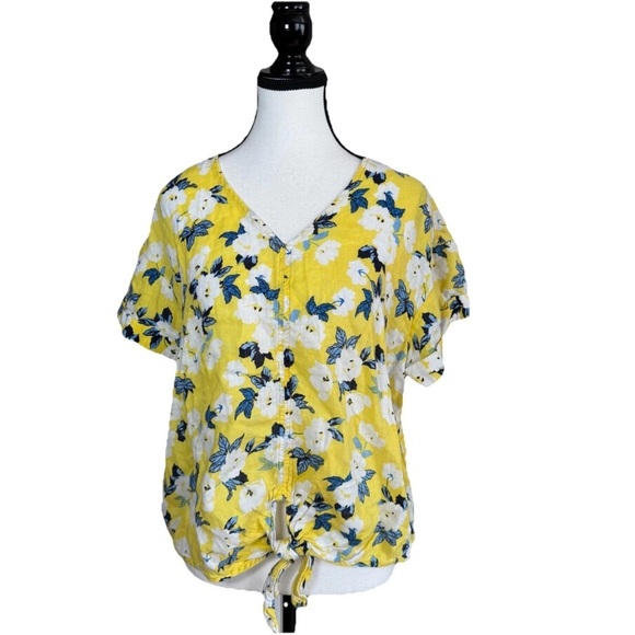 Charter Club Tops - Charter Club Luxury 100% Linen Top Large Yellow Floral V-Neck Short Sleeve Tie